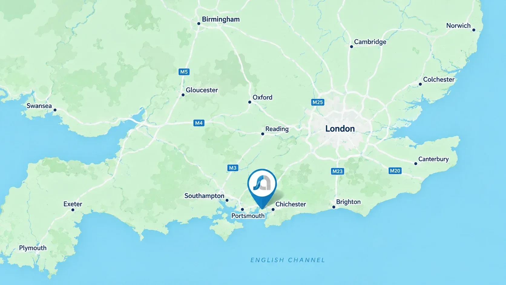 Map of southern England showing the Sonic Artistes base on the south coast, between Portsmouth and Chichester